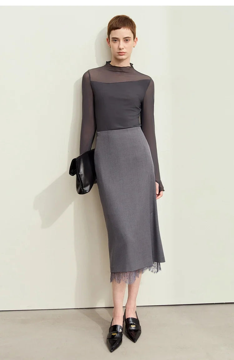Minimalism Mesh T-shirts For Women 2025 Autumn New Office Lady Half-high Neck Micro Perspective Slim Retro Shirt 12423055
