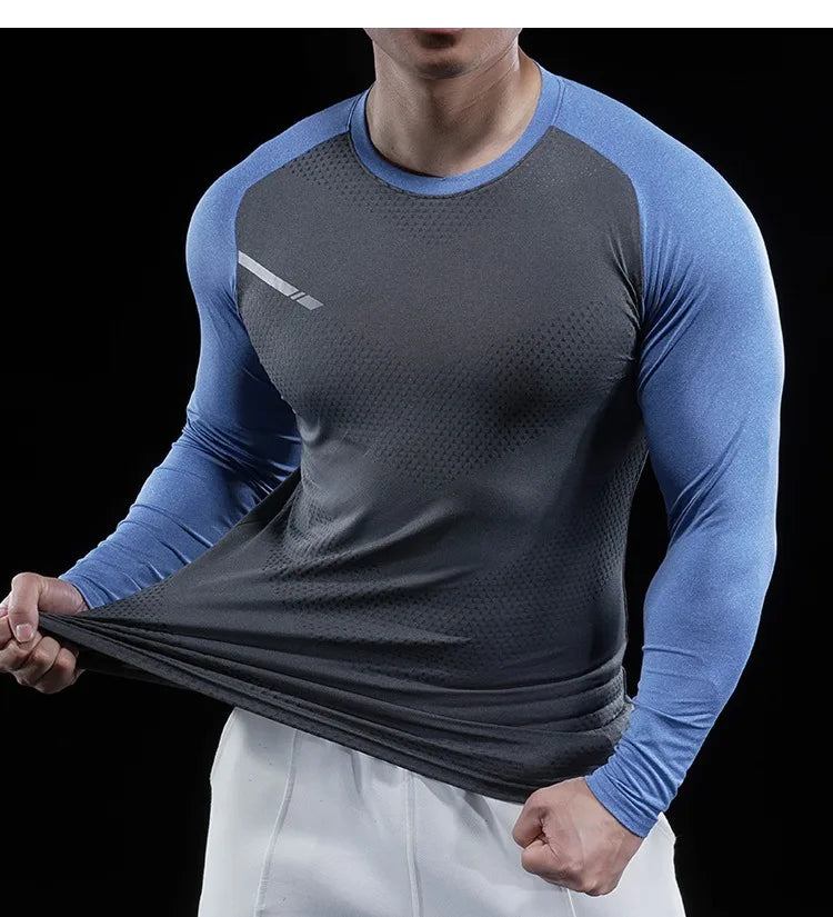 Autumn Winter Men Gym Fitness Display Long Sleeve T-Shirt Crew Neck Elastic Moisture Wicking Tights Running Training Bottom Top