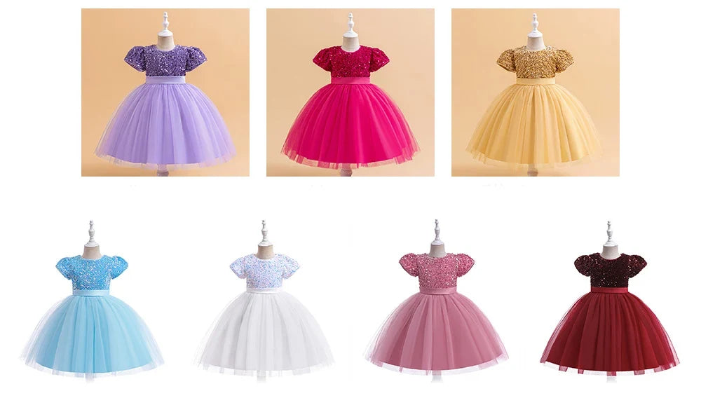 Summer Sequins Bow Party Dress For Girl Christmas Costume Elegant Wedding Princess Girls Dresses Lace Birthday Prom Gown Evening