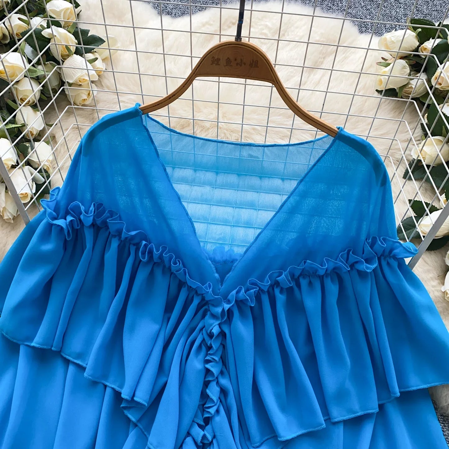 Chic Ruffles Splice Chiffon Blouse V Neck Flared Sleeve Loose Tops 2025 Fashion Solid Fairycore Vacation Women Shirt