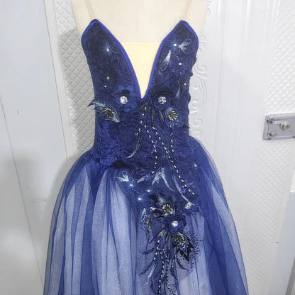 Long Ballet Tutu Skirts Blue 3d Flower Dress Performance Costumes Princess Dance Practice Romantic Dress