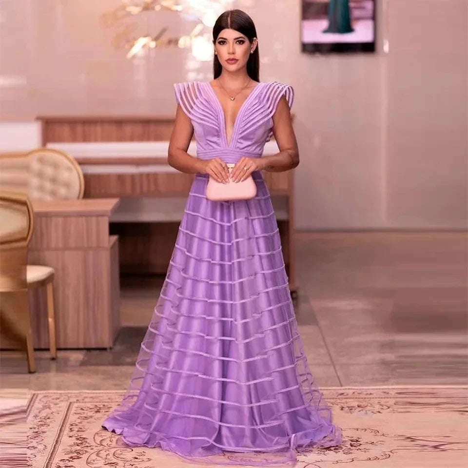 A Line Fuchsia Formal Dresses Pleat Sleeveless Prom Gown for Woman Deep V Neck Wedding Party Dress robe de bal Customized