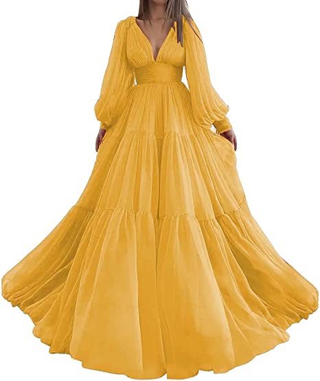 Pleat Tulle Princess Prom Gown V-Neck Long Puff Sleeve Plus Size Evening Gown Elegant Dress Women for Wedding Party