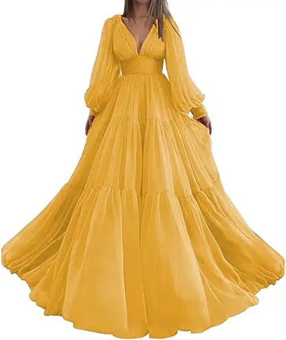 Pleat Tulle Princess Prom Gown V-Neck Long Puff Sleeve Plus Size Evening Gown Elegant Dress Women for Wedding Party