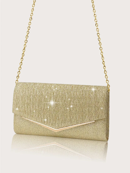 Elegant and Lightweight Pleated Metal Strip Flap Party Women's Clutch, Exquisite and Charming Women's Business Bag, Shiny Metal Strip Flap Women's Evening Bag and Fashionable Small Square Bag, Complete with a Gorgeous Rhinest