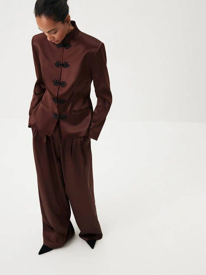 Women's Spring Summer Mandarin Collar Frog Button Cropped Chinese Style Blazer Casual 2026 Trendy Feminine Fashion Coat