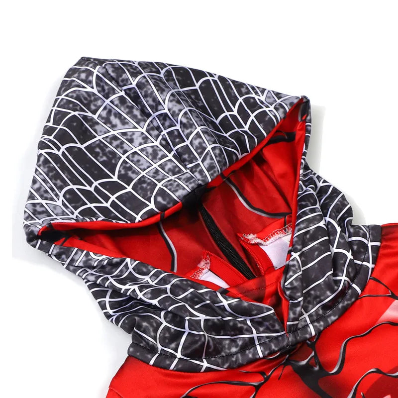 Kids Red  Spider Costume with Mesh Mask Zipper Hooded Jumpsuit for Halloween Party Cosplay Mardi Gras Performance Costume