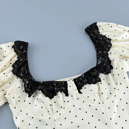 Vintage Polka Dot Square Collar Shirts Elegant Lace Puff Sleeve Woman Blouse 2026 Fashion Sexy Pullover Ladies Tops Spring