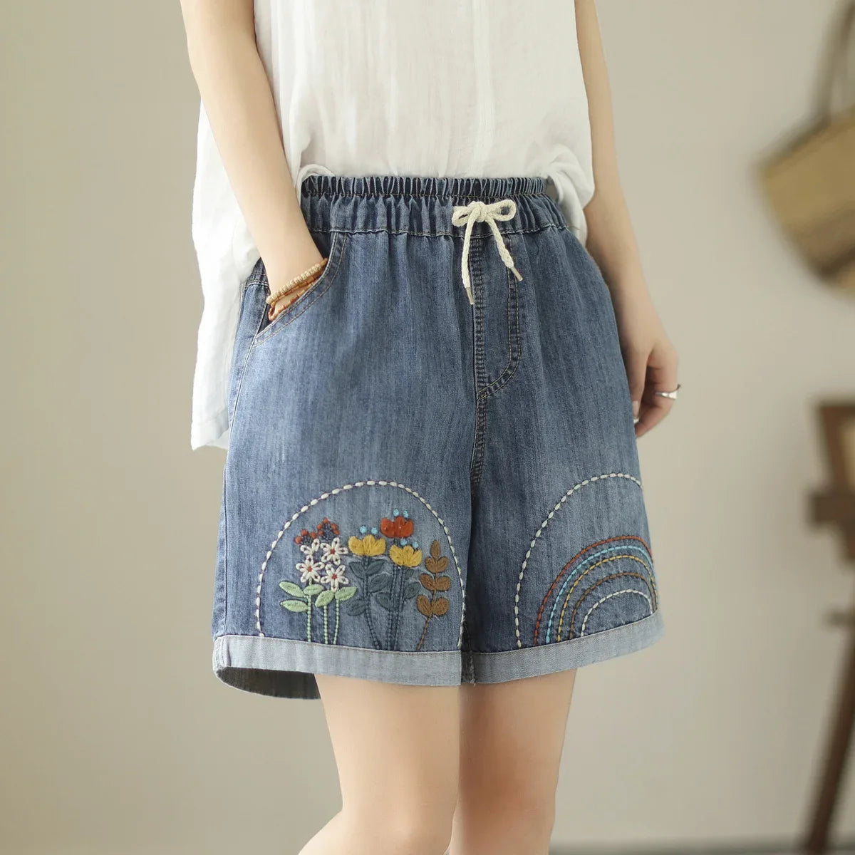 Embroider Shorts Jean For Women Summer Japanese Style Ethnic Elastic Waist Blue Flowers Embroidery Denim Shorts y2k