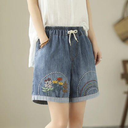 Embroider Shorts Jean For Women Summer Japanese Style Ethnic Elastic Waist Blue Flowers Embroidery Denim Shorts y2k