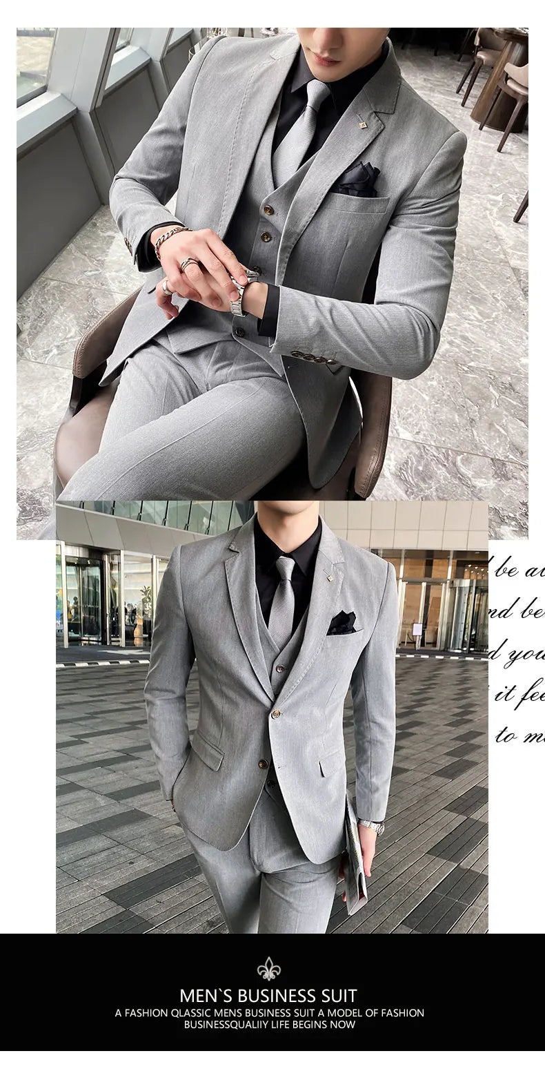 Men's Large Size Three-Piece Suit Set - High-Quality Solid Color Fashion Business Professional Suit with Vest And Trousers