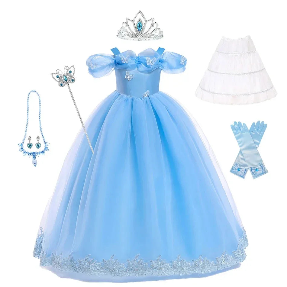 Girls New Year Blue Long Dress for Kids Christmas Birthday Party Dresses Butterfly Cinderella Cosplay Costumes Chidren Outfits