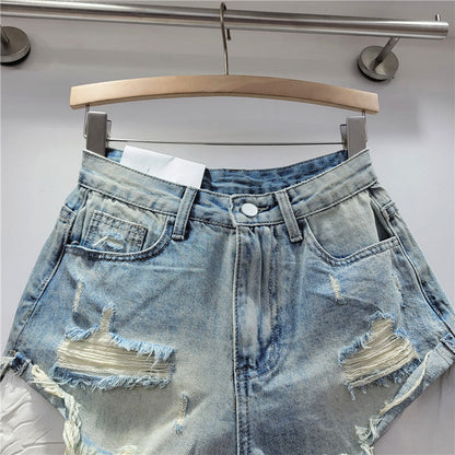2026 Summer New Women's Pink Hole Denim Shorts High Waist Slimming Spicy Girl A-line Ragged Edge Shorts
