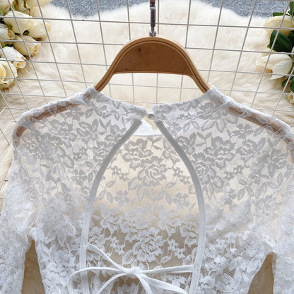 Women's Autumn Mesh Lace Hollow Out White Short Dress Women Micro Flare Sleeve See Through Translucent Sexy Girl's Mini Dress