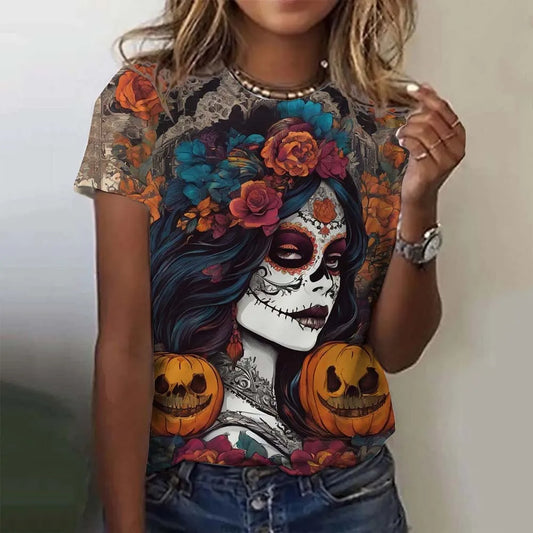 Fashion Women's T-shirt for Girls Summer Short Sleeve Sexy Girls Clothes Day of the Dead Undead Skull Pattern oversized T-shirts