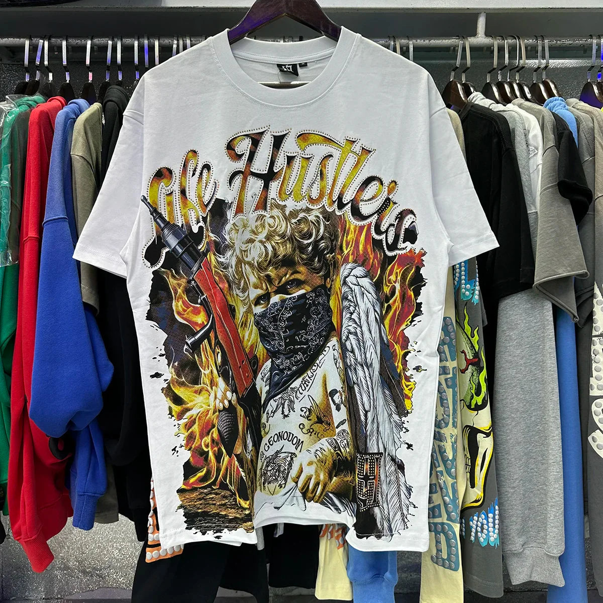 Masked Tattoo Angel Gun Diamond Short Sleeve Tshirts for Men and Women Crew Neck Cotton Summer Top Tees Oversized