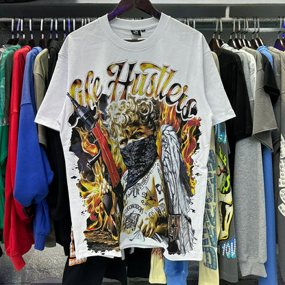 Masked Tattoo Angel Gun Diamond Short Sleeve Tshirts for Men and Women Crew Neck Cotton Summer Top Tees Oversized