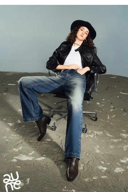 Women Denim Jeans 2025 Autumn New Lycra Stretch Washed Wide Leg Straight Long Pants