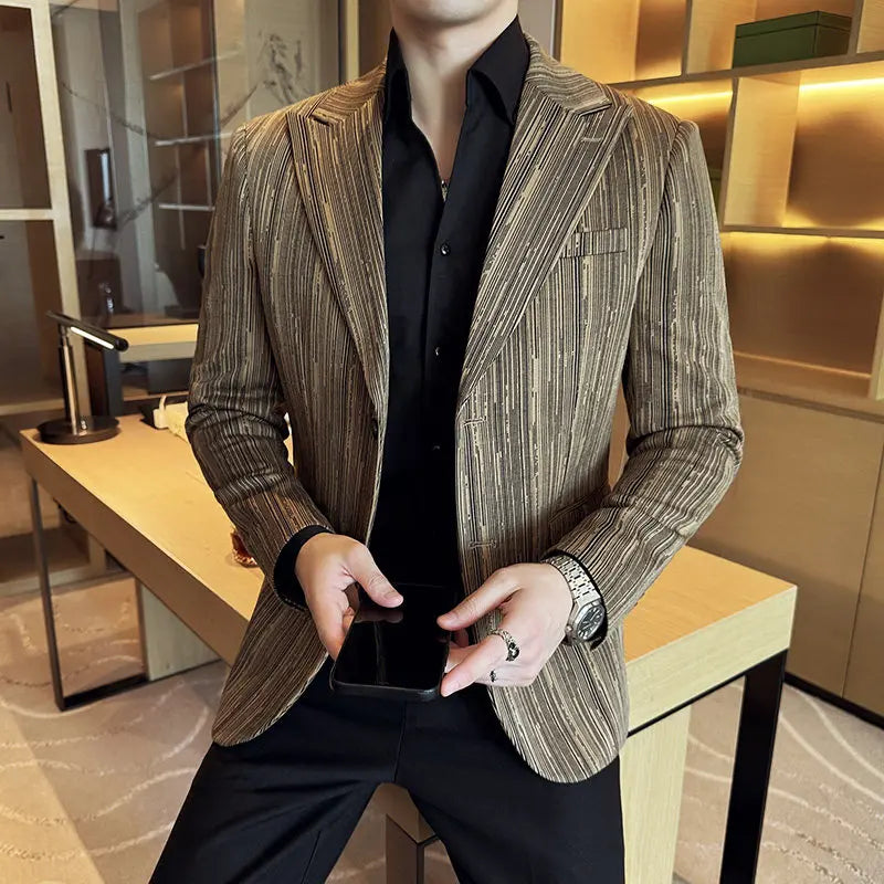Fashion Meteor Line Checkered Elegant Suit Jacket Men Fashion De Luxe Business Slim Fit Single Breasted Social Party Dress Coats