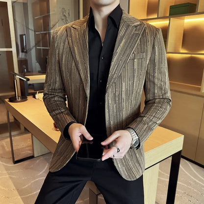 Fashion Meteor Line Checkered Elegant Suit Jacket Men Fashion De Luxe Business Slim Fit Single Breasted Social Party Dress Coats