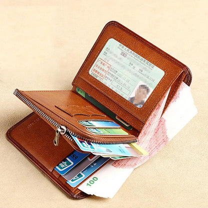 Vintage Fashion Small Cowhide Genuine Leather Men Wallet Travel Anti RFID Zipper Coin Wallet for Men Gifts