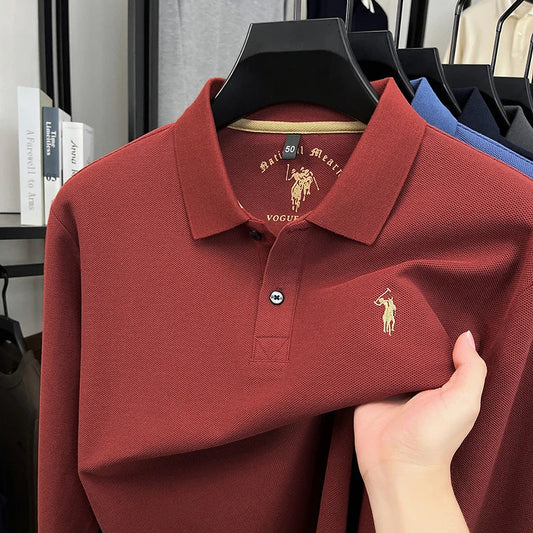 2025 New Cotton Long Sleeved T-shirt for Men, High End Embroidered Little Horse Logo Fashion Autumn/Winter Polo Top