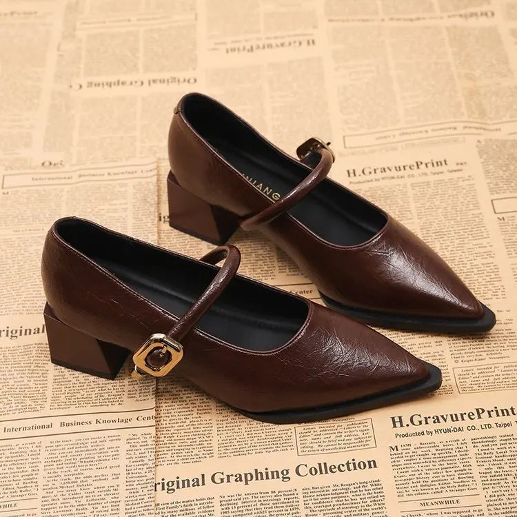 All-Season Women's Chunky Heel Mary Jane Flats - Patent Leather Shallow Cut High Heels,  Metal Buckle Decor Commuter Shoes