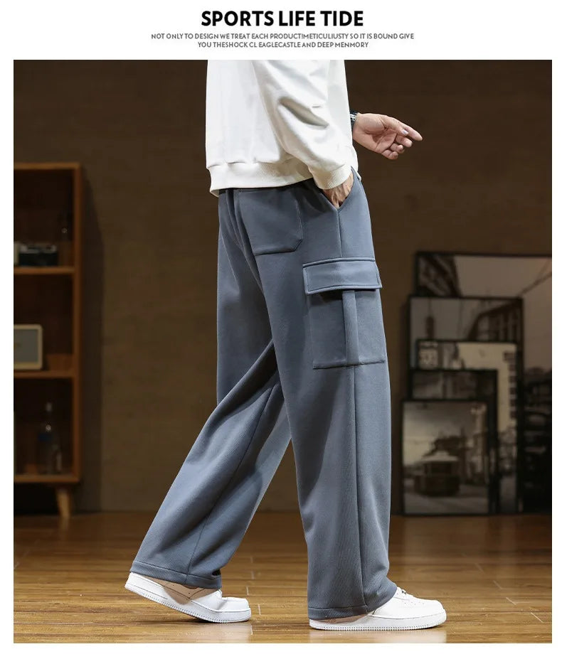 2026 New in Wide Leg Pants Men Autumn Straight Elastic Waist Baggy Cargo Trouser Male Relaxed Streetwear Sweatpant Plus Size Big