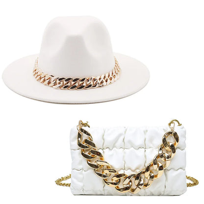 Hat For Women Autumn Winter New Party Jazz Fedora Hats With Fashion Luxury Oversized Chain Accessory Bag Two-piece Set