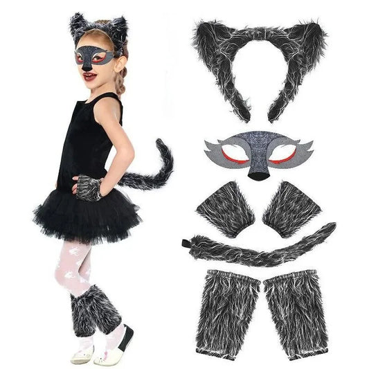 Girls Wolf Ear Headband Tail Skirt Mask Suit Wolf Cosplay Costumes Children Stage Costume Birthday Gift Halloween Animal Dress