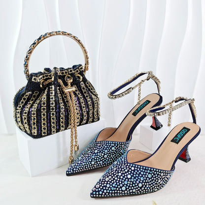 New Gold Glitter Fabric Pointed Toe High Heels With A Variety Of Shapes Of Rhinestones Fashion Party Ladies Shoes And Bag