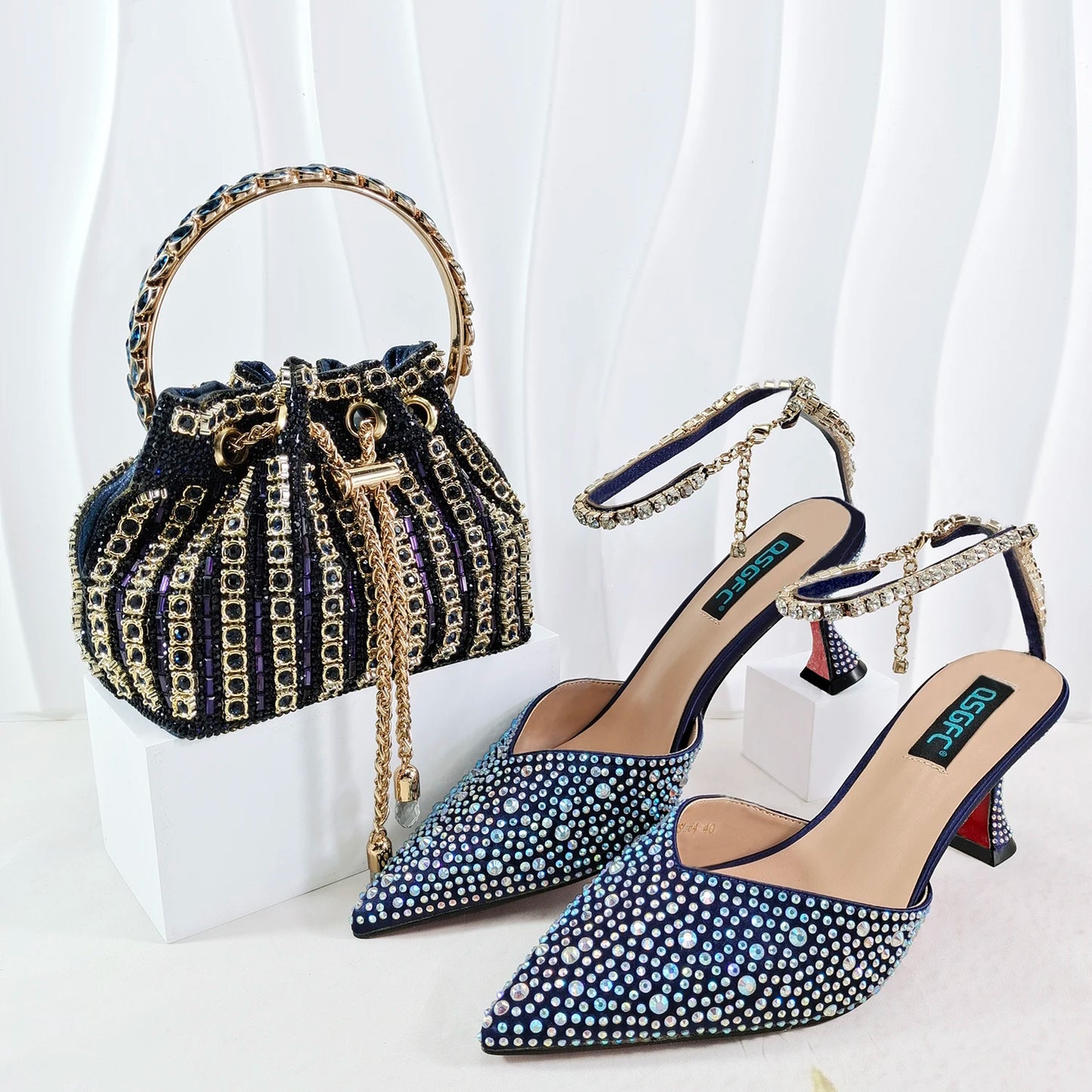 New Gold Glitter Fabric Pointed Toe High Heels With A Variety Of Shapes Of Rhinestones Fashion Party Ladies Shoes And Bag