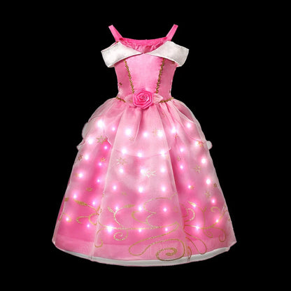 Girl Elsa Anna Princess Dress with LED Light Up Costume for Kids Cosplay Party Clothes Rapunzel Aurora Outfit Carnival Prom Gown