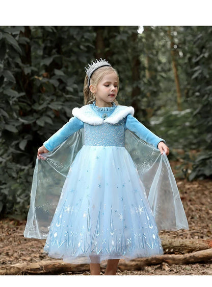 Girls' Spring 2026 New Velvet Elsa Frozen Princess Dress Kids Blue Cape 2 Piece Set Warm Dresses For Girl Party 3-9 Years Old ﻿