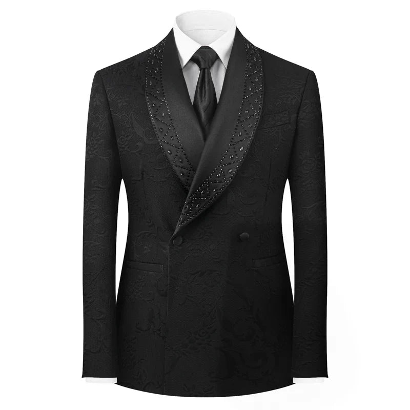 2025 High End Light Luxury Jacquard Hot Diamond Green Fruit Collar Wedding Suits for Men,Black/white Mens Evening Dress 2 Piece