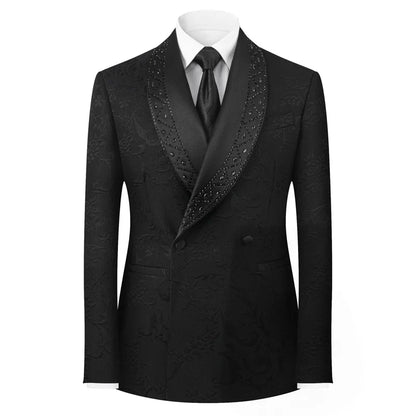 2025 High End Light Luxury Jacquard Hot Diamond Green Fruit Collar Wedding Suits for Men,Black/white Mens Evening Dress 2 Piece