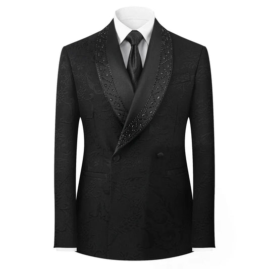 2025 High End Light Luxury Jacquard Hot Diamond Green Fruit Collar Wedding Suits for Men,Black/white Mens Evening Dress 2 Piece