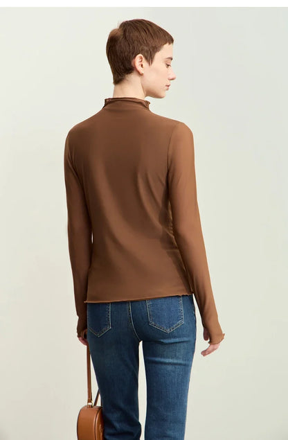 Minimalism Mesh T-shirts For Women 2025 Autumn New Office Lady Half-high Neck Micro Perspective Slim Retro Shirt 12423055
