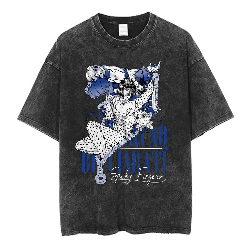 Anime Jojo Bizarre Adventure Washed T-shirt STEEL BALL RUN Diego Brando Manga T-shirts Men Women Cotton Casual Oversized T shirt