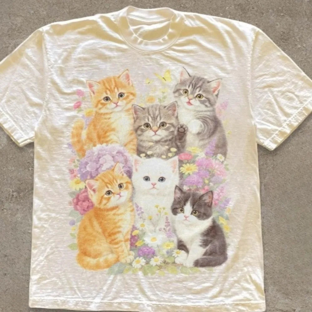 Retro Kitten Shirt, Retro Floral Cat T-shirt, Pastoral Style Gift T-shirt for Cat Lovers Aesthetic Cute Clothing, Harajuku Style