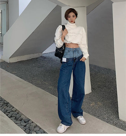 Stylish Fake Two Piece Jeans Women Patchwork Daddy Pants Female Baggy Jeans American Fashion Vintage Denim Pants Trousers Street