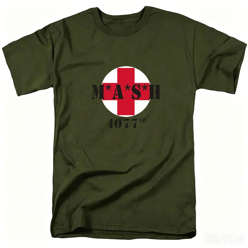 Mash Distressed Logo T Shirt Mens 4077 Licensed Classic TV Show Militarryy Green2026 High quality Brand Casual