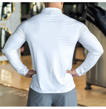 New Autumn Winter Running Gym Men Shirt Long Sleeve Tees Elastic Fit Sports Training Fitness Quick Dry Zip Collar Polo T Shirt