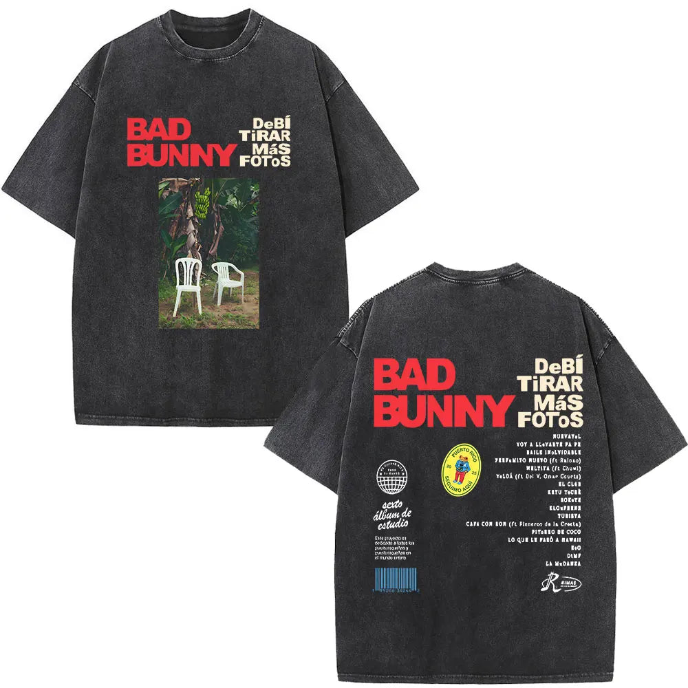 Rapper Bad Bunny Washed Vintage T-shirt Debi Tirar Mas Fotos DTMF World Tour T Shirts Men's Fashion Hip Hop T-shirts Streetwear
