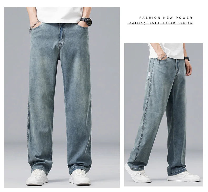 Summer Ultra-thin Lyocell Men's Jeans Drape Soft Fabric Loose Straight Casual Denim Pants Elastic Ice Silk Male Trousers
