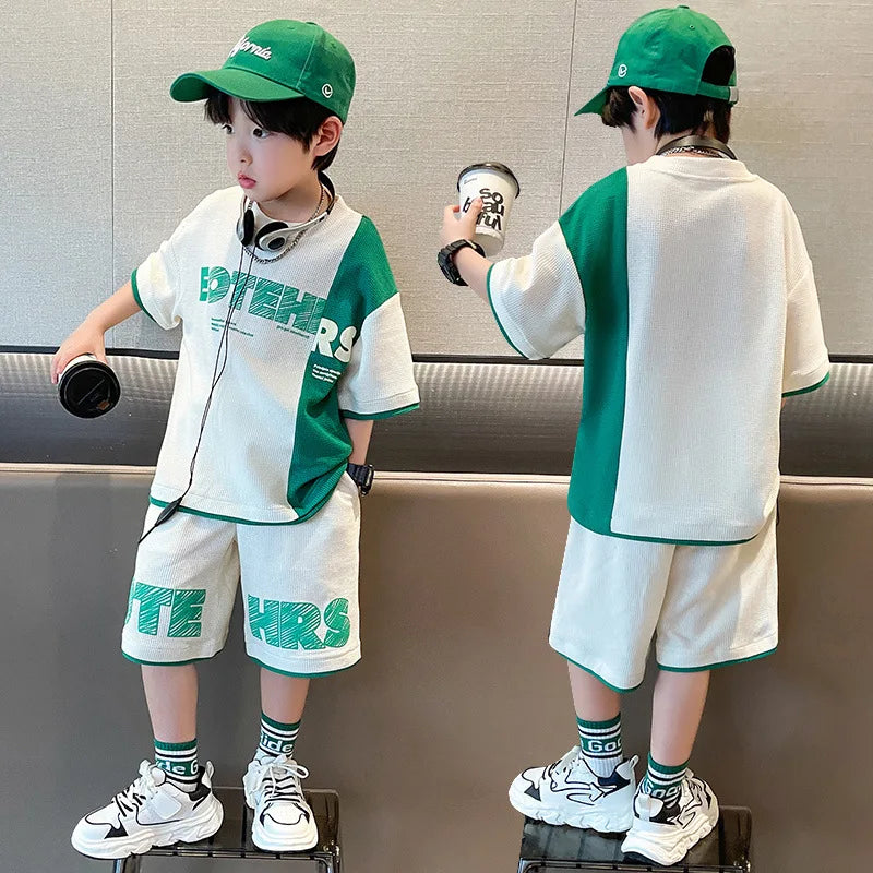 Summer Boys Contrast Patchwork Alphabet Waffle Tee Tops+Shorts Pant School Kids Tracksuit Child 2PCS Outfit Workout Set 5-16 Yr