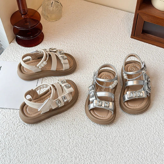 Girls' rhinestone sandals 2025 Summer New children's perforated breathable princess shoes Girls' soft-soled beach shoes