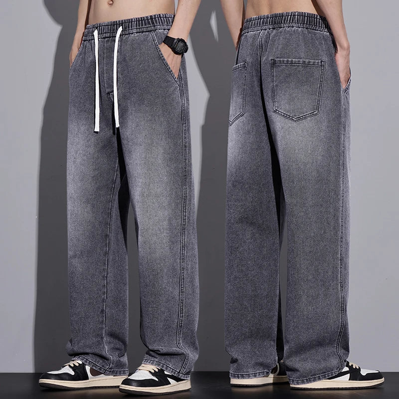 Men's Clothing Wide-leg Pants Baggy Jeans Streetwear Straight Fashion Denim Trousers Y2k Vintage Washed Elastic Waist Man Pants