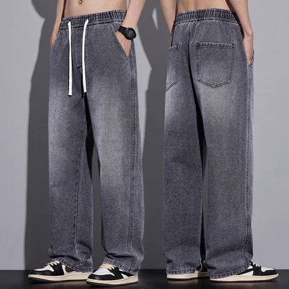 Men's Clothing Wide-leg Pants Baggy Jeans Streetwear Straight Fashion Denim Trousers Y2k Vintage Washed Elastic Waist Man Pants