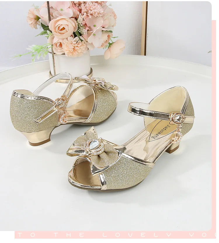 Girls Princess Sandals Summer Open-toe Elegant Children High Heels Fashion Sequins Crown Kids Causal Glitter Wedding Dress Shoes
